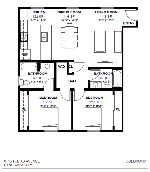 Floor plan for 2 beds, 2 baths